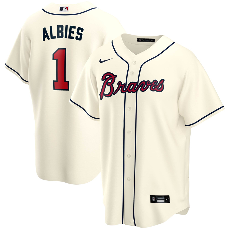2020 MLB Men Atlanta Braves 1 Ozzie Albies Nike Cream Alternate 2020 Replica Player Jersey 1